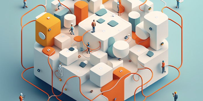 a graphic showing a very complicated IT infrastructure with little mini people on and around it